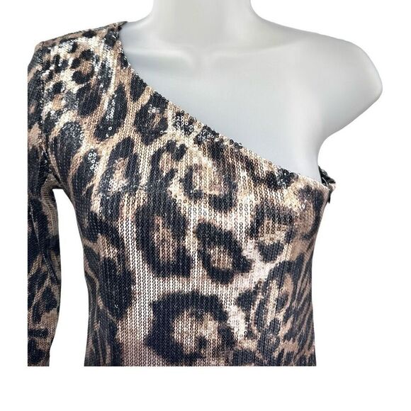 Jument One Shoulder BodyCon Mini Dress Womens Size 4 Leopard Sequin - Picture 2 of 6
